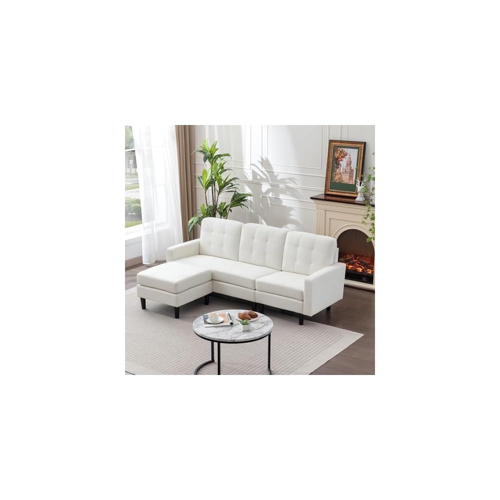 VECELO Convertible Sectional Sofa, Modern Linen Fabric L-Shaped Couch with Reversible Chaise for Living Room/Apartment/Office, White