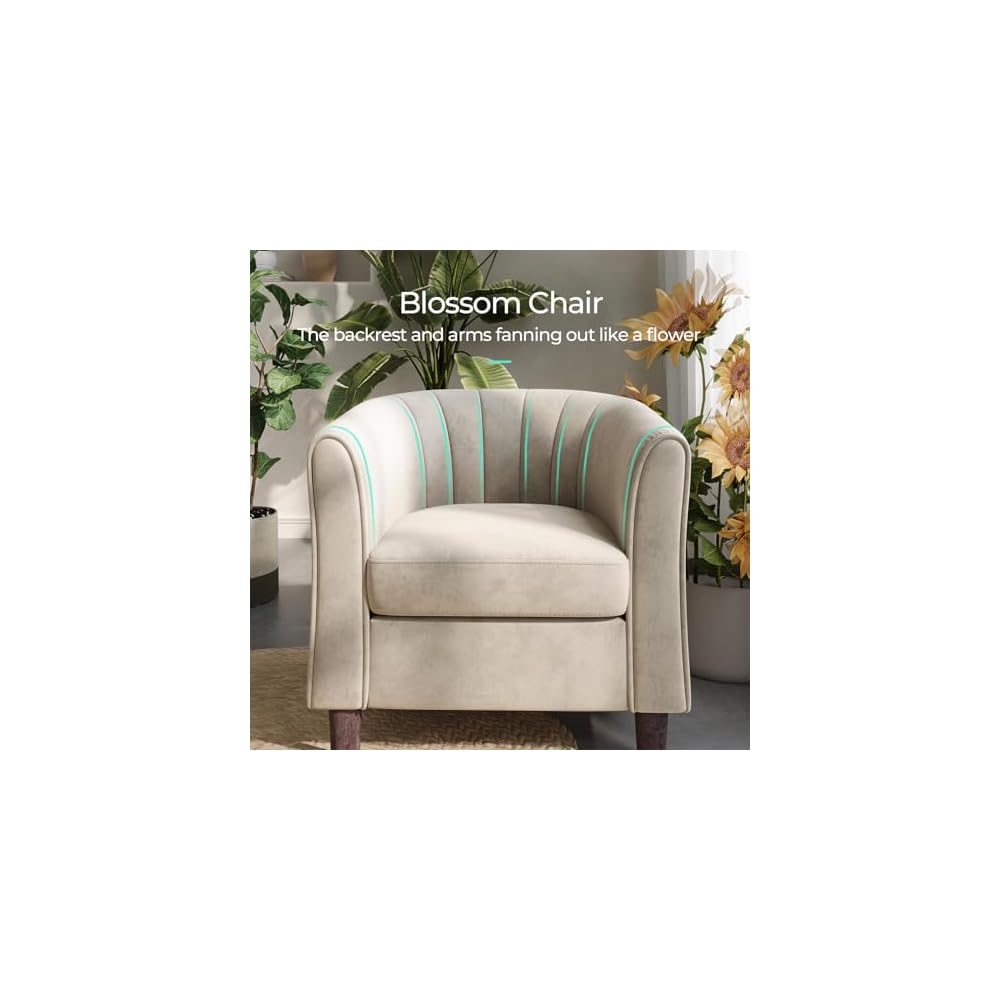 LINSY Accent Chair with Ottoman, Modern Barrel Chair Small Armchair Reading Chair with Footrest, Comfy Round Arms Chair for Living Room Bedroom Reading Room, Velvet, Beige