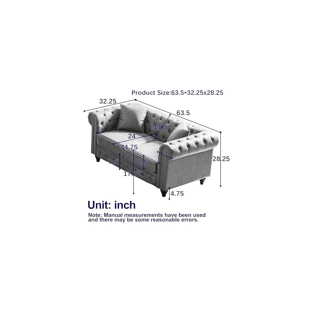 64" Chesterfield Sectional Sofa, Contemporary Design, Tech Fabric, Button Tufted & Nailhead Trim Arms, Upholstered with 2 Pillows for Living Room, Black