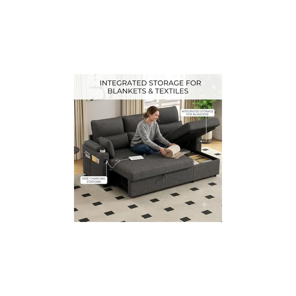 L-Shaped Sectional Sofa with Storage, Reversible Sleeper Sofa Couch with Chaise, Soft Fabric Upholstered Modular Couch with Cup Holder & Side Pockets, 1000lbs Capacity for Living Room (Black, 3-Seat)