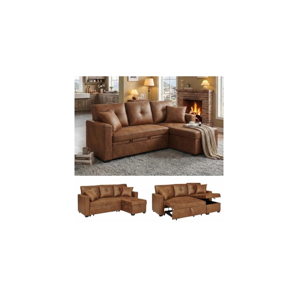 71" Convertible Sectional Sleeper Sofa with Pull Out Bed, Reversible L-Shaped Couch with Storage Chaise, 3 Seater Sofa Bed for Apartment & Small Spaces, Leather-Look Distressed Fabric, Brown