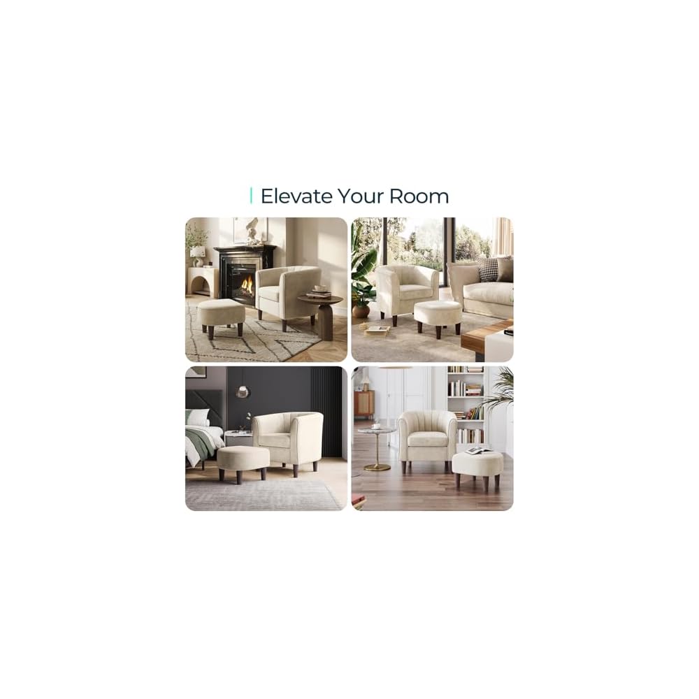 LINSY Accent Chair with Ottoman, Modern Barrel Chair Small Armchair Reading Chair with Footrest, Comfy Round Arms Chair for Living Room Bedroom Reading Room, Velvet, Beige