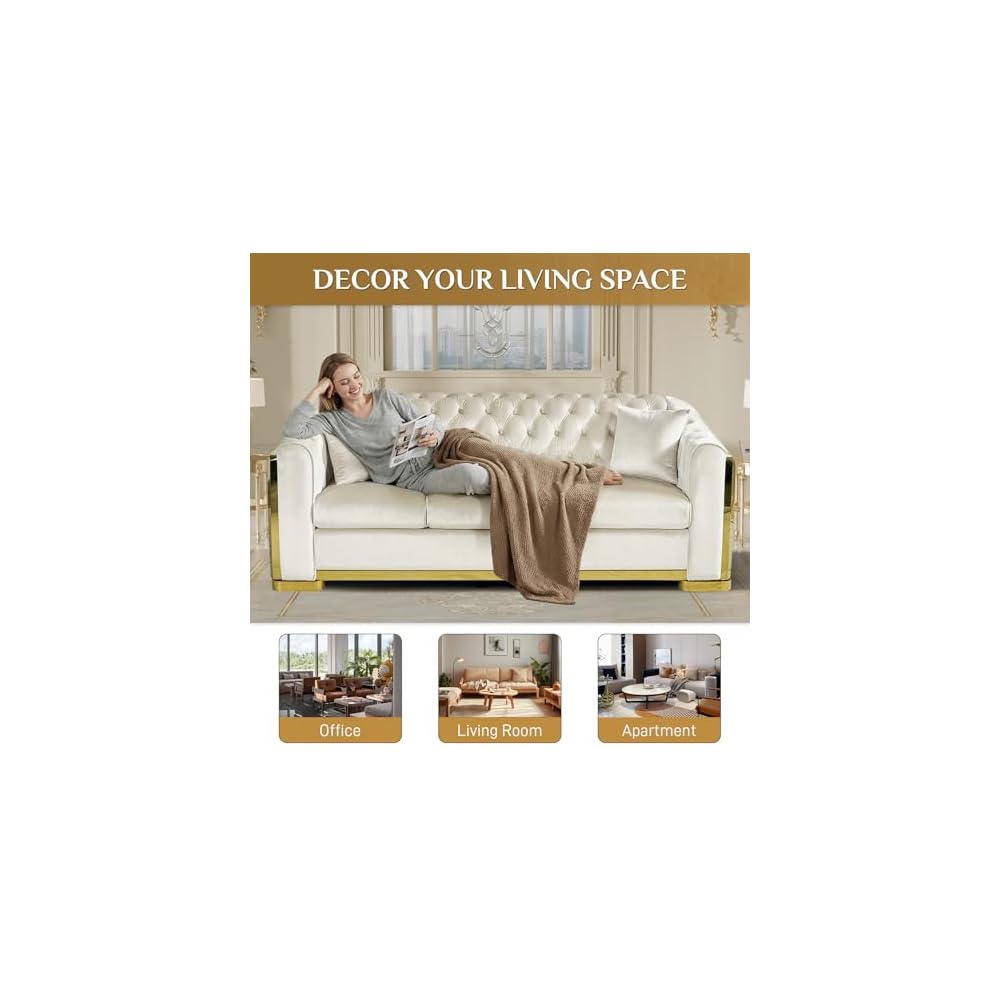 84" Velvet Chesterfield Sofa Luxury Victorian White and Gold Couch, Beige