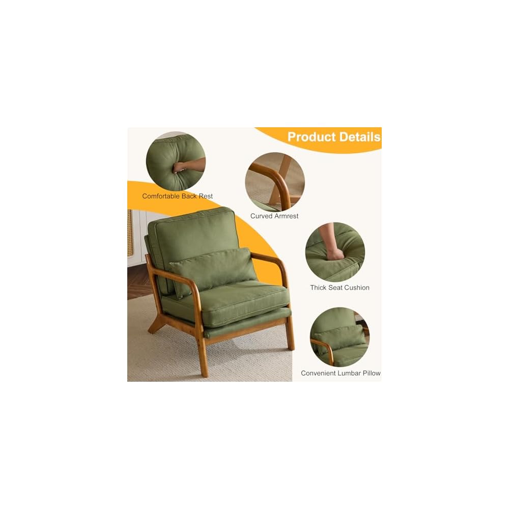 Bonnlo Dark Green Linen Mid Century Modern Accent Chair, Soild Wood Padding Lounge Armchairs Side Sitting Chairs for Living Room, Bedroom, Guest Room