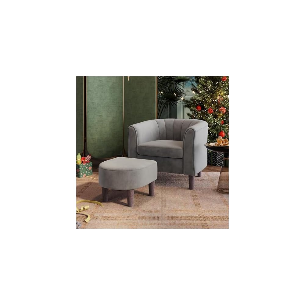 LINSY Accent Chair with Ottoman, Modern Barrel Chair Small Armchair Reading Chair with Footrest, Comfy Round Arms Chair for Living Room Bedroom Reading Room, Velvet, Beige