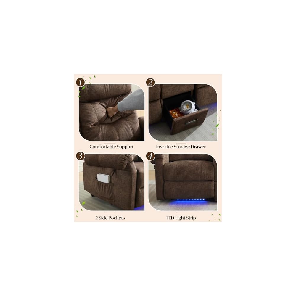 Power Lift Recliner Loveseat Sofa for Elderly, Dual Motor Electric Recliner with Massage & Heat, 2-Seater Velvet Couch with Independent Control, Console, Cup Holder & Power Outlet (Brown, 69”)
