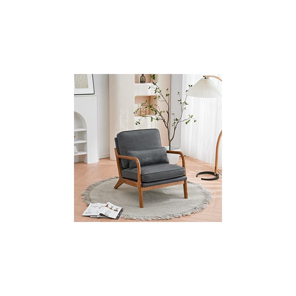 Bonnlo Dark Green Linen Mid Century Modern Accent Chair, Soild Wood Padding Lounge Armchairs Side Sitting Chairs for Living Room, Bedroom, Guest Room