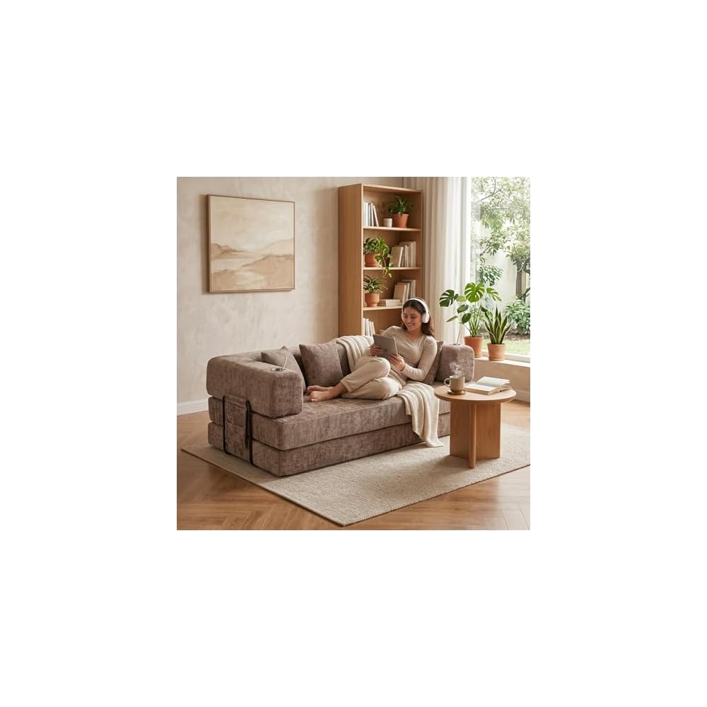 Convertible Floor Sofa Couch, 79" Corduroy Low Profile Seating with 4 Pillows & 2 Cup Holders, Deep Seat Boneless Futon Mattress, No Assembly Needed, Modern Lounge for Living Room Apartment, Brown