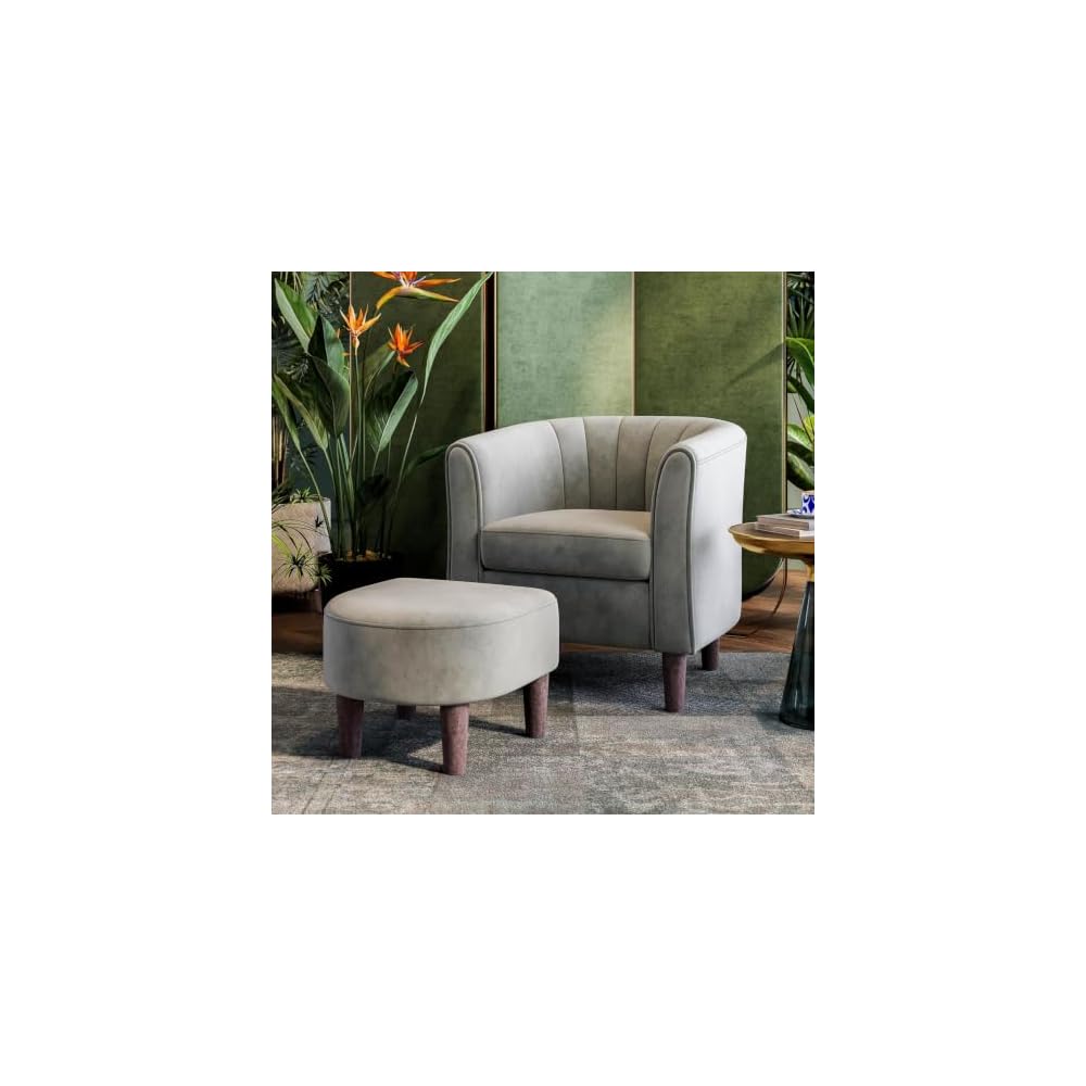 LINSY Accent Chair with Ottoman, Modern Barrel Chair Small Armchair Reading Chair with Footrest, Comfy Round Arms Chair for Living Room Bedroom Reading Room, Velvet, Beige