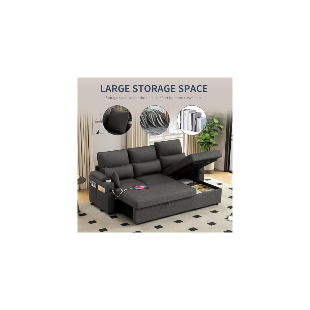L-Shaped Sectional Sofa with Storage, Reversible Sleeper Sofa Couch with Chaise, Soft Fabric Upholstered Modular Couch with Cup Holder & Side Pockets, 1000lbs Capacity for Living Room (Black, 3-Seat)