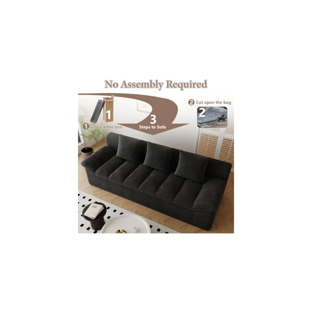 74" Cloud Corduroy Boneless Loveseat Couch in a Box, Small Boneless Couch for Living Room Memory Foam Compressed Couches Sofa with 3 Pillows & Side Pockets Slanted Armrest, No Assembly Required, Black