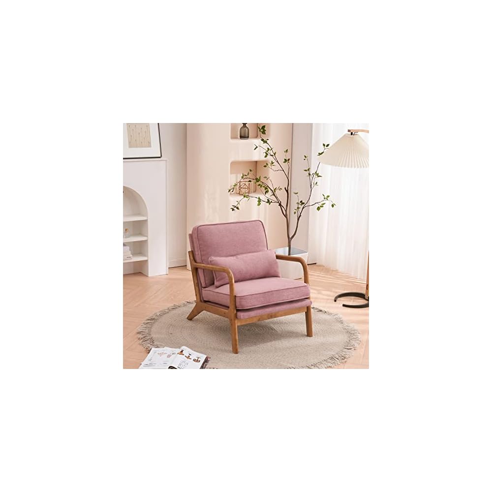 Bonnlo Dark Green Linen Mid Century Modern Accent Chair, Soild Wood Padding Lounge Armchairs Side Sitting Chairs for Living Room, Bedroom, Guest Room