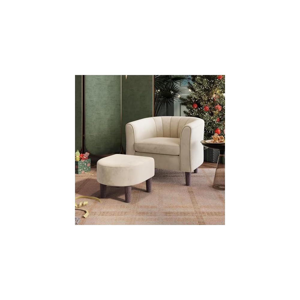 LINSY Accent Chair with Ottoman, Modern Barrel Chair Small Armchair Reading Chair with Footrest, Comfy Round Arms Chair for Living Room Bedroom Reading Room, Velvet, Beige