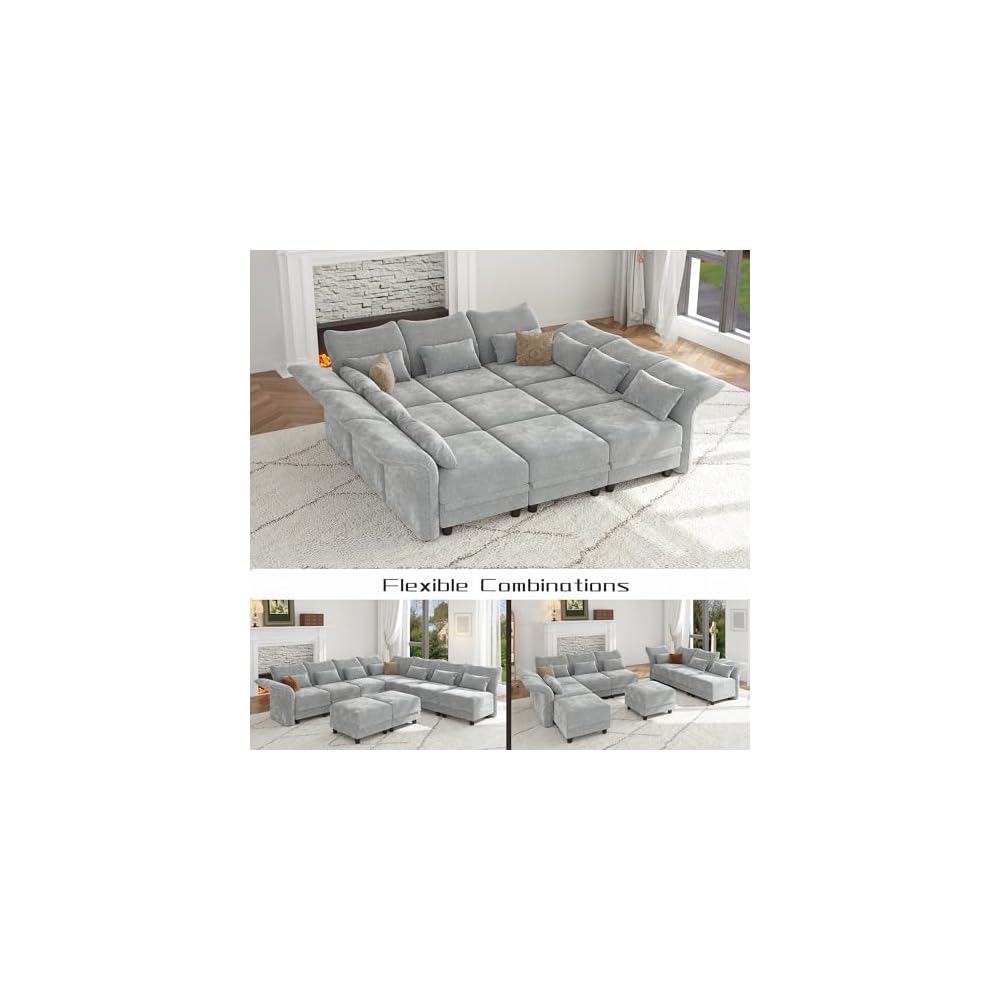 LLappuil 154" Oversized Modular Sectional Sofa with Storage 9 Seat U Shaped Sectional Couches for Living Room with Adjustable Arms Backs, Convertible to L Shape/U Shape/Sleeper Sofa, Grey Chenille