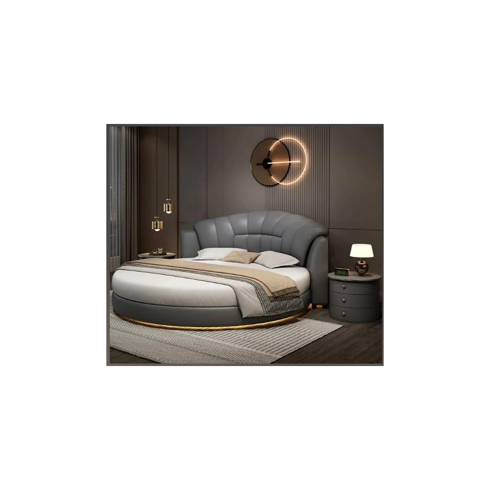LED Genuine Leather Round Bed Gray
