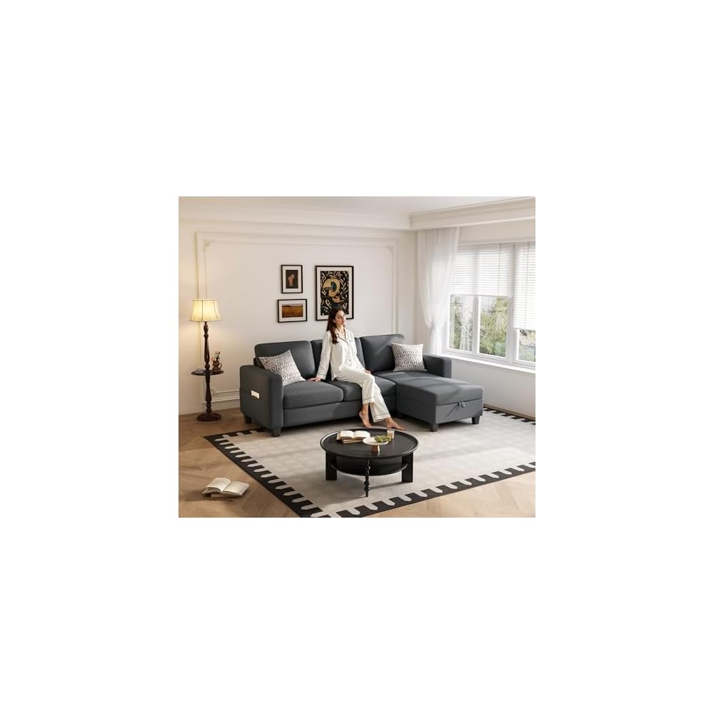 Youmumeub 78" Sectional Sofa Couches for Living Room, 3 Seat L Shaped Convertible Couch with Storage Ottoman, Comfortable Pet-Friendly Linen Sofa Set for Small Space, Apartment, Office, Dark Grey