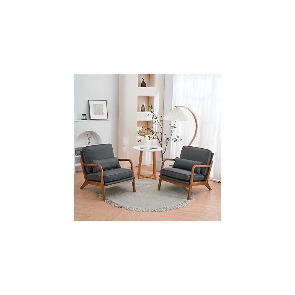 Bonnlo Dark Green Linen Mid Century Modern Accent Chair, Soild Wood Padding Lounge Armchairs Side Sitting Chairs for Living Room, Bedroom, Guest Room