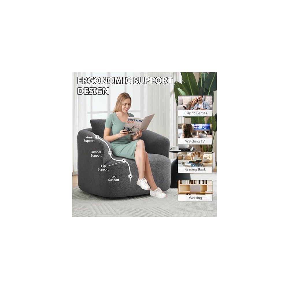 360° Swivel Round Accent Chair with Soft Pillow, Comfy Teddy Fleece Upholstered Barrel Chair, No Assembly Single Sofa for Living Room, Bedroom, Apartment (Antique Dark Grey)