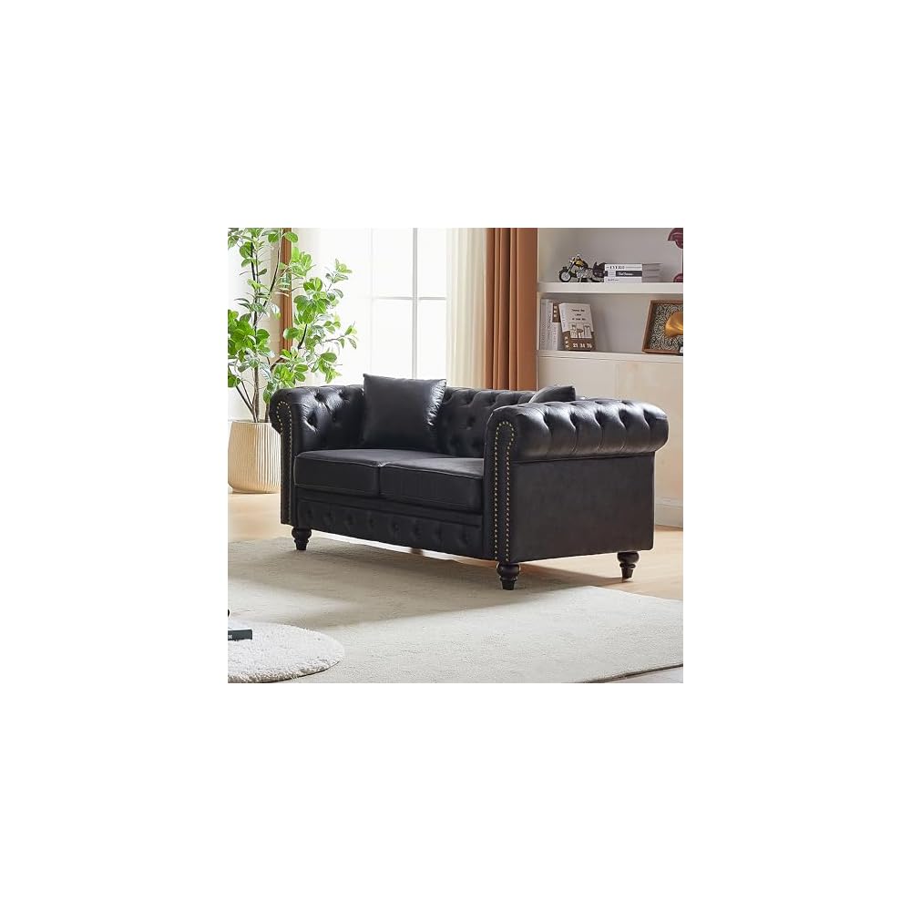 64" Chesterfield Sectional Sofa, Contemporary Design, Tech Fabric, Button Tufted & Nailhead Trim Arms, Upholstered with 2 Pillows for Living Room, Black