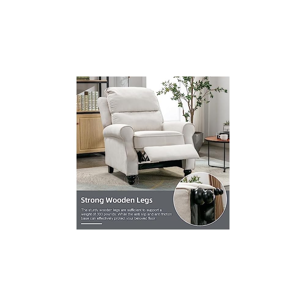 IOMOR Push Back Recliner Chair, Fabric Armchair Overstuffed Pushback Recliner, Heavy Duty Single Sofa Chair with Padded Seat Solid Wood Legs for Living Room (White)