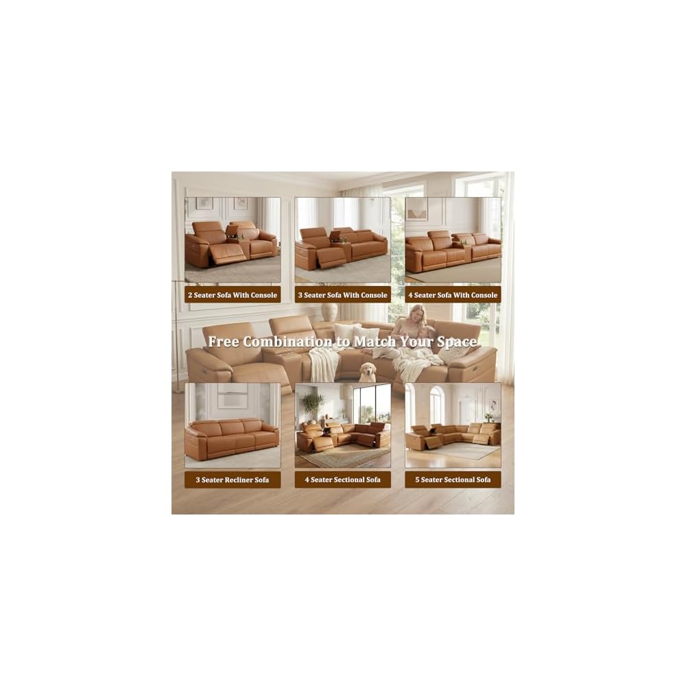 Leather Power Reclining Sectional Sofa with USB Ports for Living Room