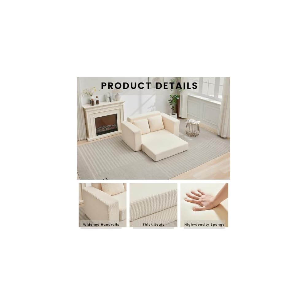 Boneless Couch Loveseat,3-in-1 Convertible Sleeper Sofa Bed Folding Floor Futon Bed with 2 Pillows, Mini Boneless Couch for Small Space Living Room Bedroom (Beige)