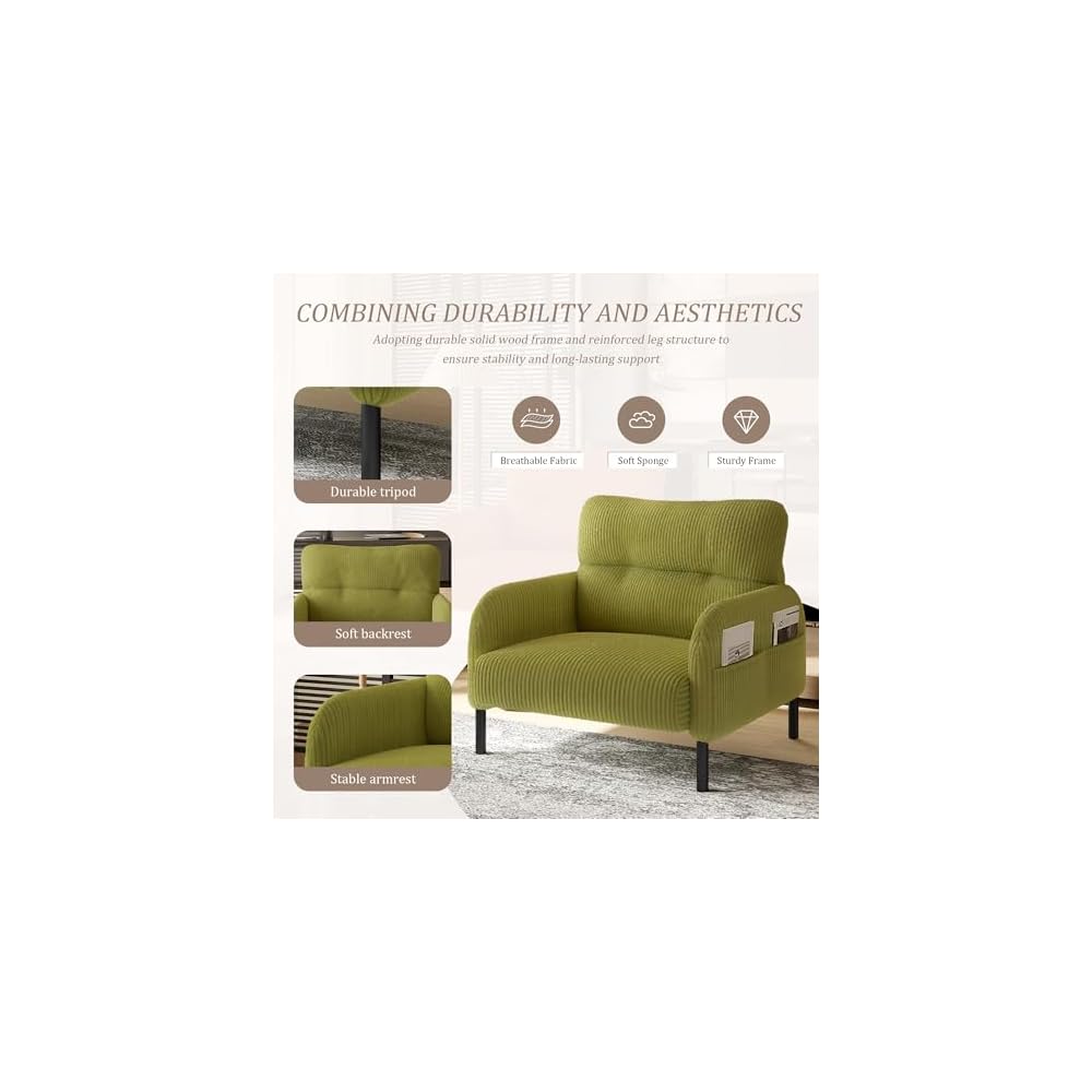 KEIKI 26" Corduroy Single Sofa Chair with Double Side Pockets & High Resilience Cushion, Modern Ergonomic Design Upholstery Oversized 1-Seater Accent Chair, Easy Assembly, for Living Room, Olive Green