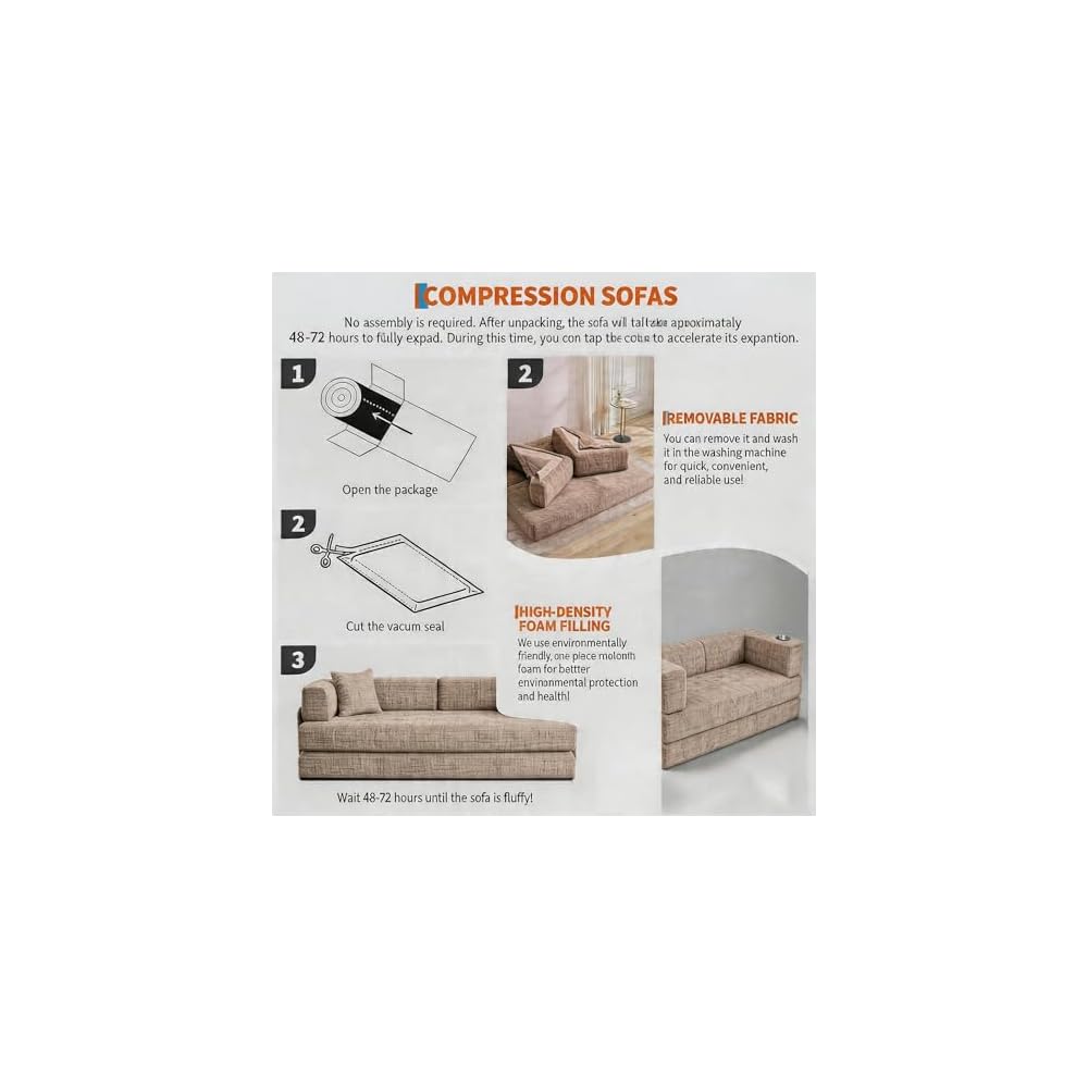 Convertible Floor Sofa Couch, 79" Corduroy Low Profile Seating with 4 Pillows & 2 Cup Holders, Deep Seat Boneless Futon Mattress, No Assembly Needed, Modern Lounge for Living Room Apartment, Brown