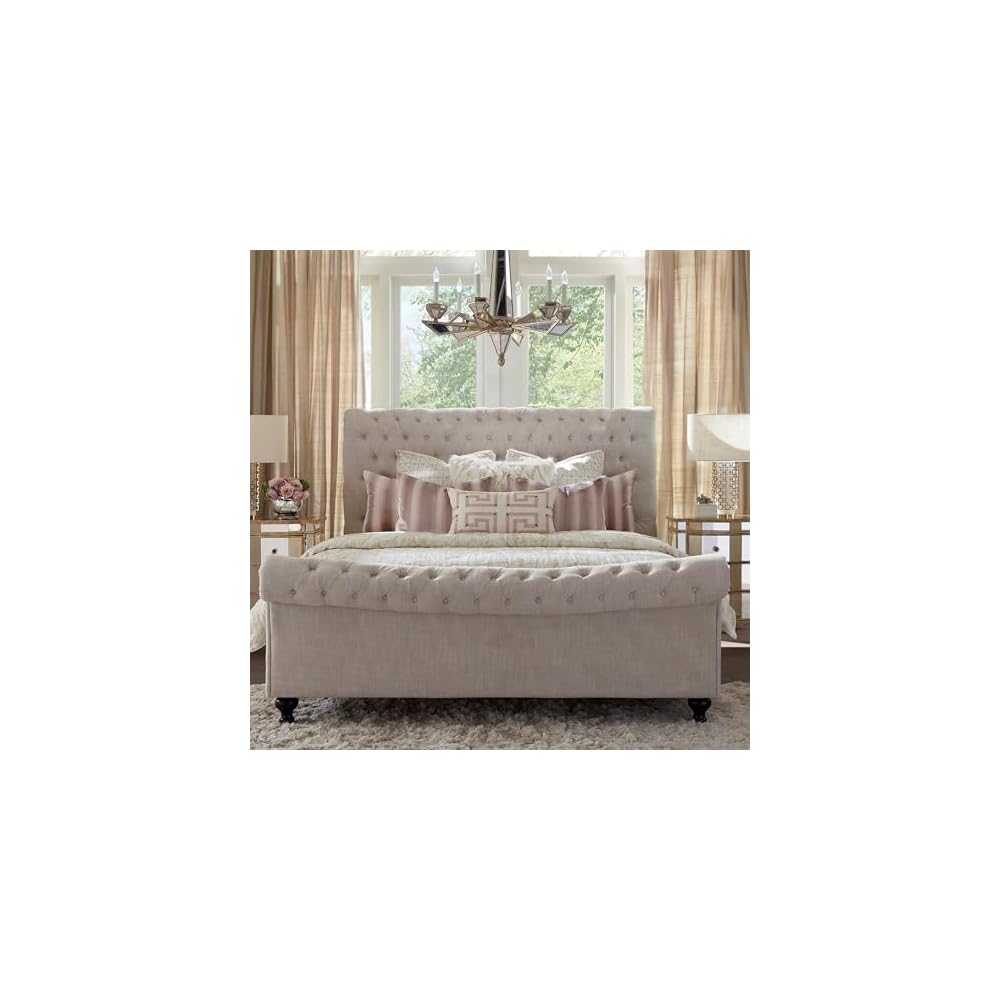 Pemberly Row Traditional Upholstered King Bed, Crepe Beige Finish, Kiln-Dried Hardwood Frame, Button-Tufted Headboard and Footboard, Solid Wood Legs, Chesterfield Sleigh Style, Bedroom Furniture