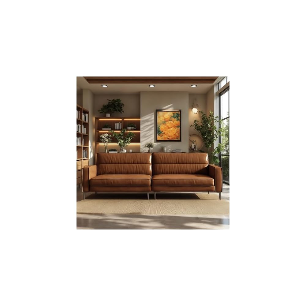 86.61" Brown Mid‑Century 3‑Seater Upholstered Sofa Metal Legs