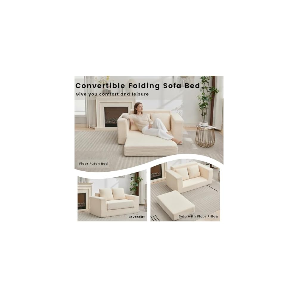 Boneless Couch Loveseat,3-in-1 Convertible Sleeper Sofa Bed Folding Floor Futon Bed with 2 Pillows, Mini Boneless Couch for Small Space Living Room Bedroom (Beige)