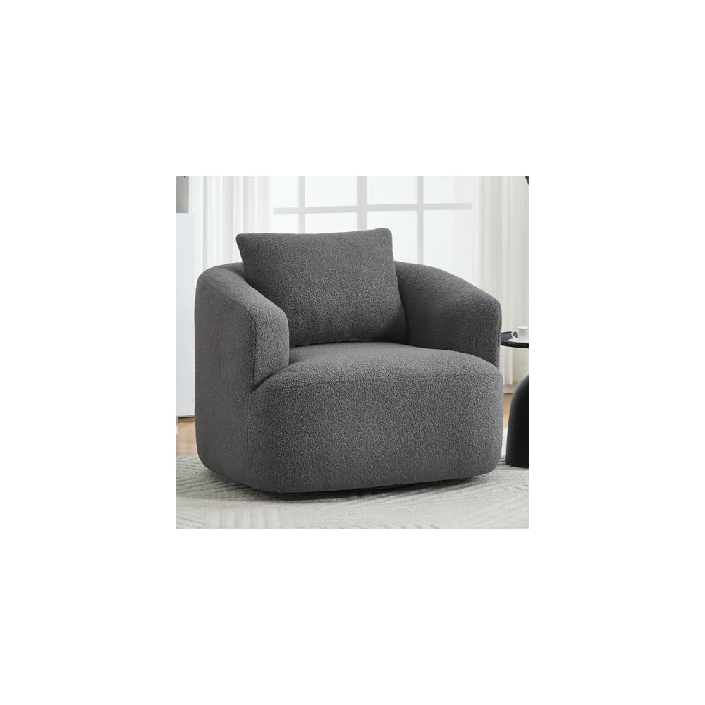 360° Swivel Round Accent Chair with Soft Pillow, Comfy Teddy Fleece Upholstered Barrel Chair, No Assembly Single Sofa for Living Room, Bedroom, Apartment (Antique Dark Grey)