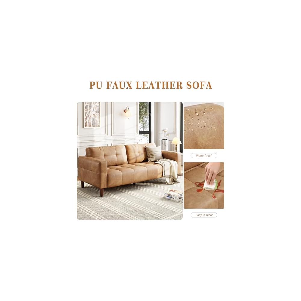 IDEALHOUSE Mid-Century Modern 3-Seater Faux Leather Sofa Couch – Removable Back Cushions – Wide Armrests – Sturdy and Comfortable, Easy to Clean, Ideal for Living Room, Apartment, Office – PU Orange