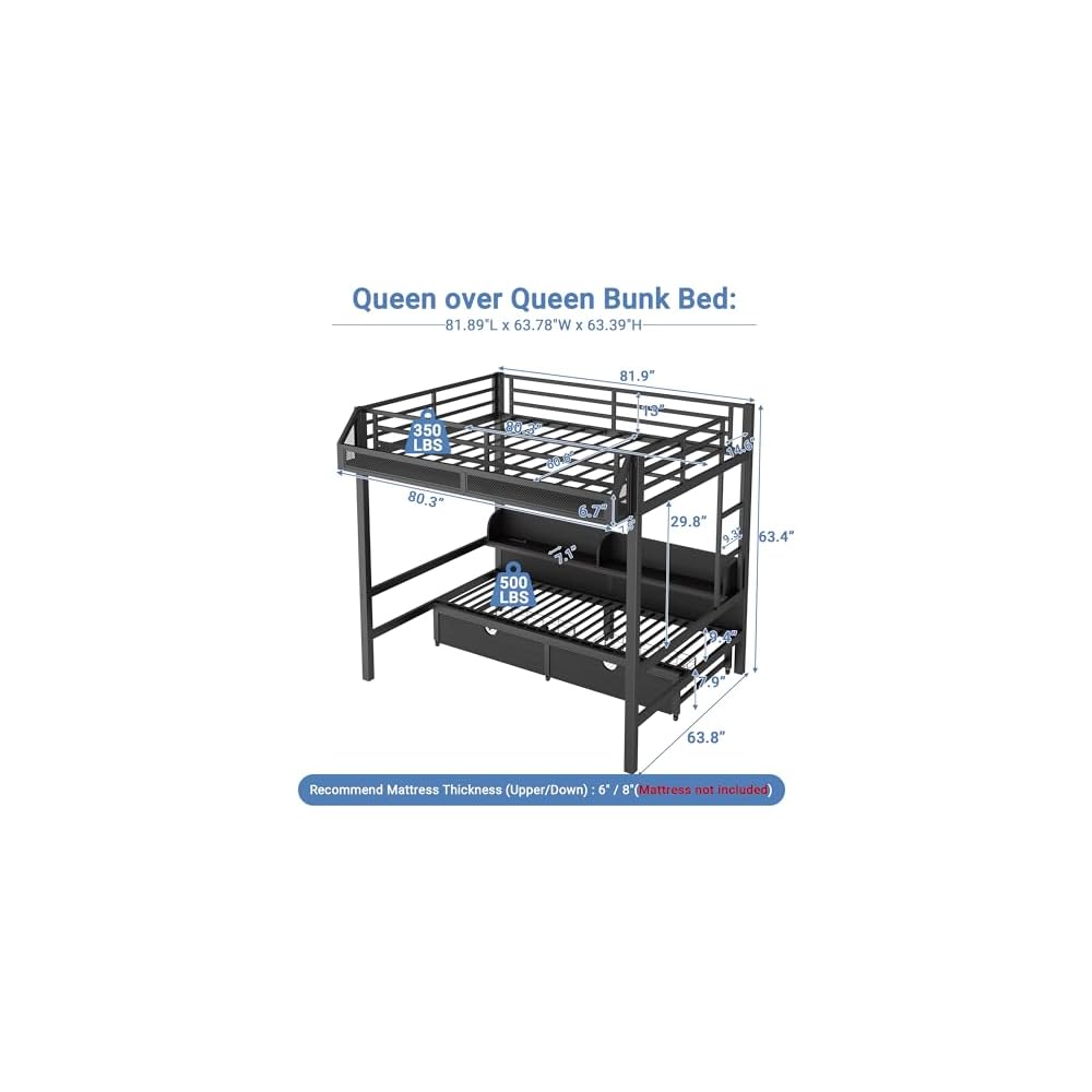 Queen Over Queen Bunk Bed, Heavy-Duty Metal Bunk Bed, Black