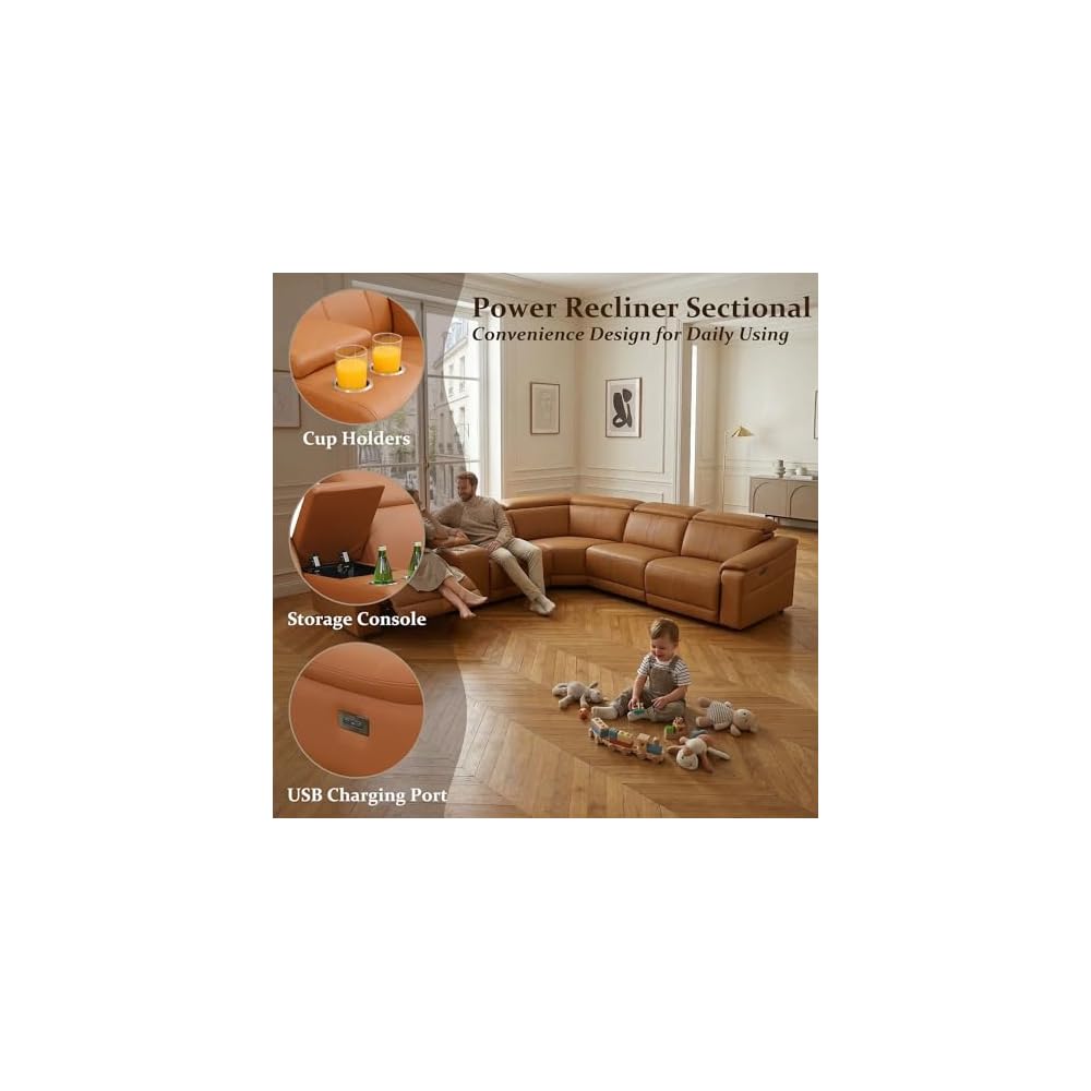 Leather Power Reclining Sectional Sofa with USB Ports for Living Room