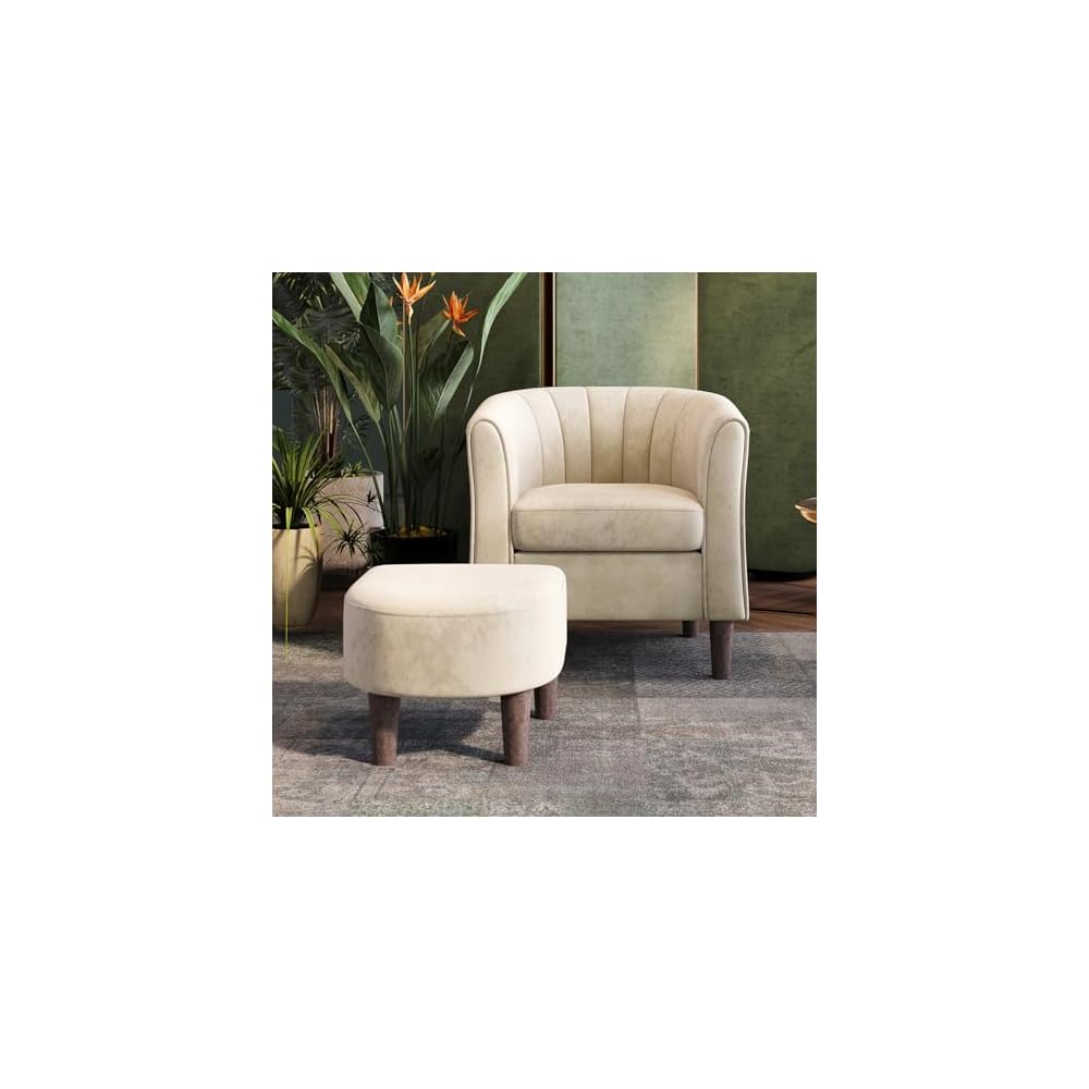 LINSY Accent Chair with Ottoman, Modern Barrel Chair Small Armchair Reading Chair with Footrest, Comfy Round Arms Chair for Living Room Bedroom Reading Room, Velvet, Beige