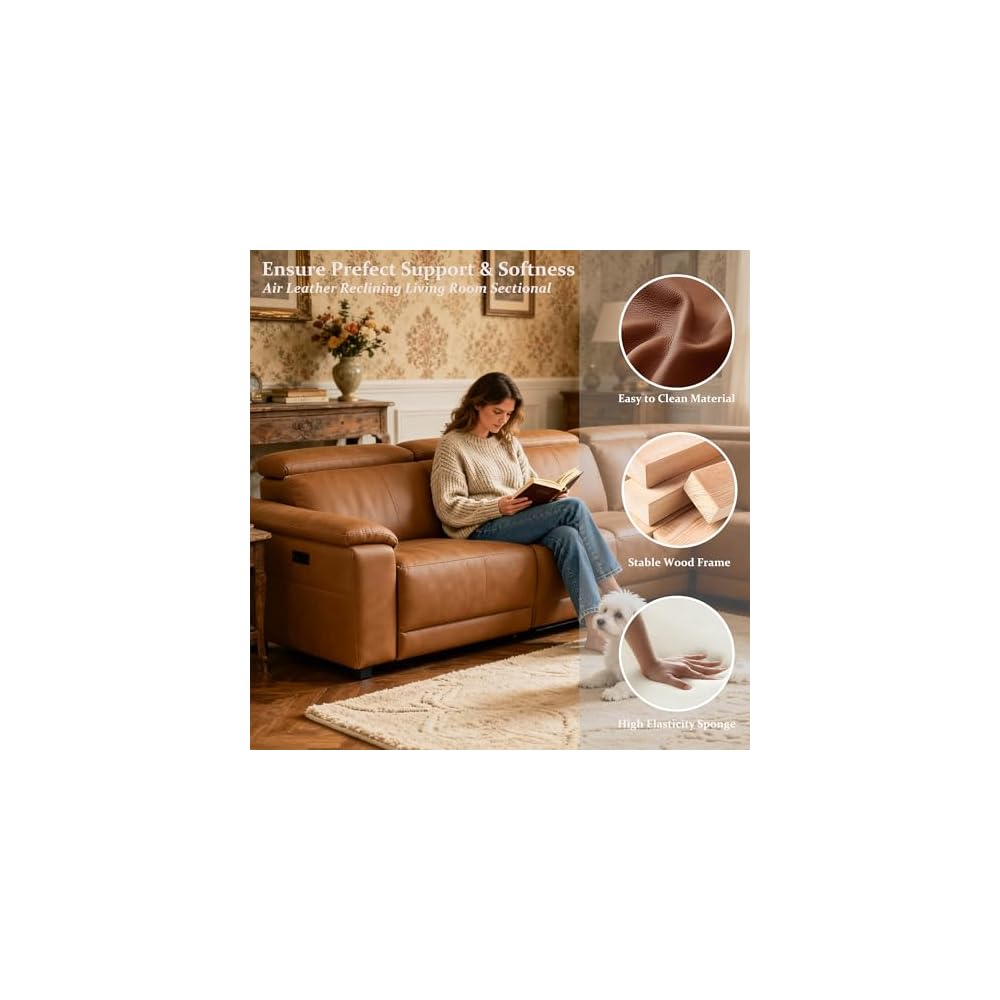 Leather Power Reclining Sectional Sofa with USB Ports for Living Room
