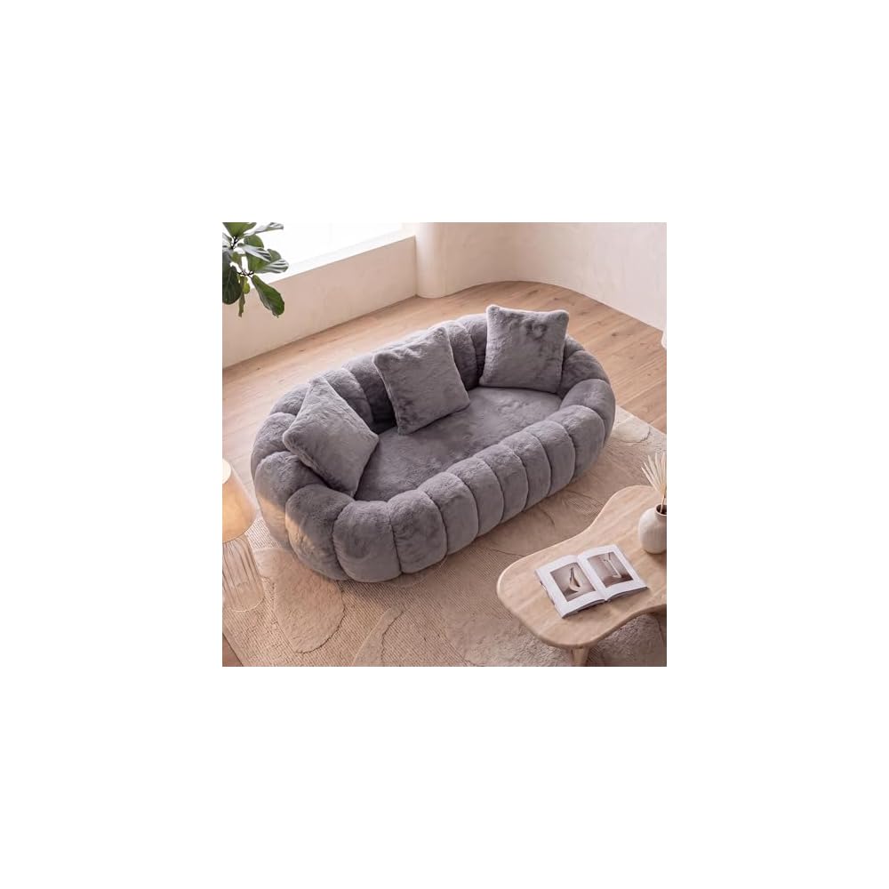 KEIKI 75.5" Oversized Cloud Couch Loveseat, Floral Shaped Faux Fur Sofa with Deep Seat and High Density Foam Filling, Modern Boneless Lounge Sofa No Assembly Required for Bedroom, Studio, Living Room