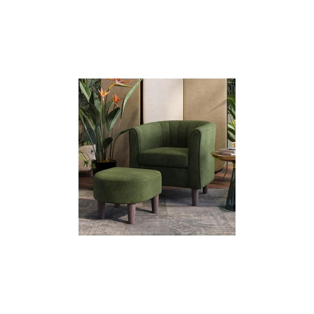 LINSY Accent Chair with Ottoman, Modern Barrel Chair Small Armchair Reading Chair with Footrest, Comfy Round Arms Chair for Living Room Bedroom Reading Room, Velvet, Beige