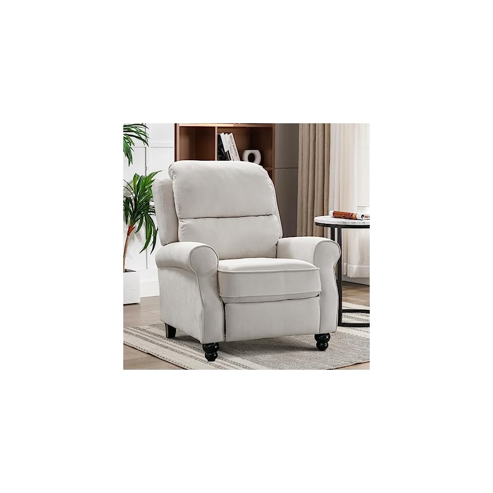 IOMOR Push Back Recliner Chair, Fabric Armchair Overstuffed Pushback Recliner, Heavy Duty Single Sofa Chair with Padded Seat Solid Wood Legs for Living Room (White)