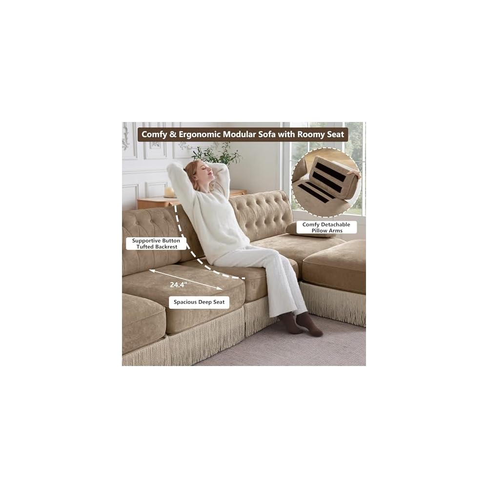 Aoowow Luxury 76.6" L-Shaped Sofas with Tassel,Modular Sectional Velvet Camel 2 Seater Sofa Couch with Ottoman,Vintage Chesterfield L Shape Small Love Seat for Small Spaces Living Room