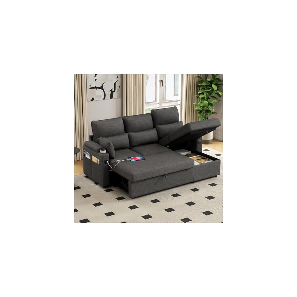 L-Shaped Sectional Sofa with Storage, Reversible Sleeper Sofa Couch with Chaise, Soft Fabric Upholstered Modular Couch with Cup Holder & Side Pockets, 1000lbs Capacity for Living Room (Black, 3-Seat)