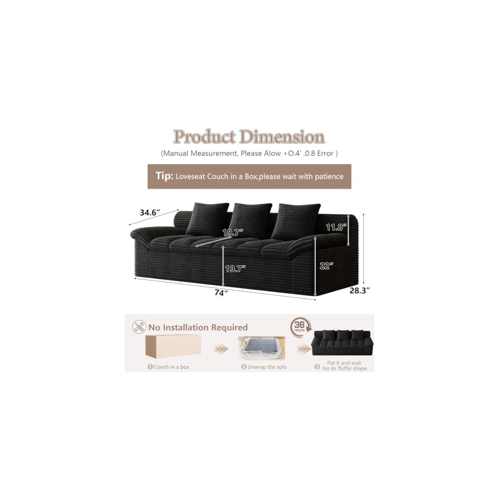 74" Cloud Corduroy Boneless Loveseat Couch in a Box, Small Boneless Couch for Living Room Memory Foam Compressed Couches Sofa with 3 Pillows & Side Pockets Slanted Armrest, No Assembly Required, Black