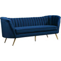 Meridian Furniture Margo Collection Modern | Contemporary Velvet Upholstered Sofa with Deep Channel Tufting and Rich Gold Stainless Steel Legs, Navy, 88" W x 30" D x 33" H
