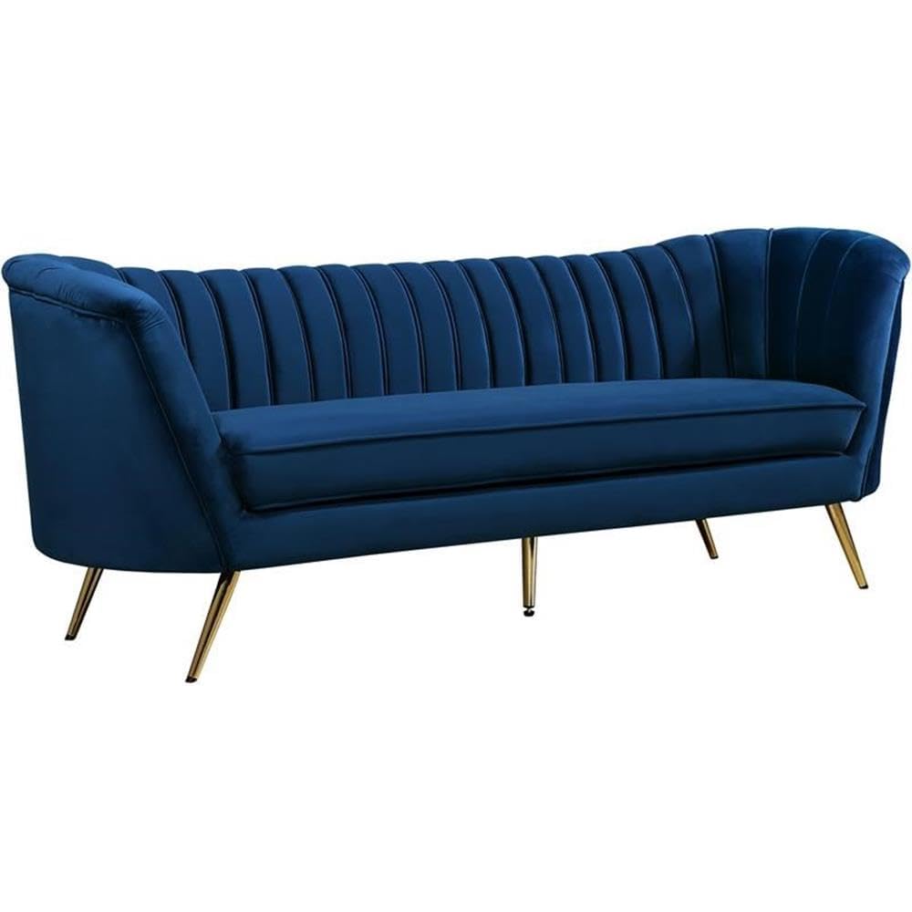 Meridian Furniture Margo Collection Modern | Contemporary Velvet Upholstered Sofa with Deep Channel Tufting and Rich Gold Stainless Steel Legs, Navy, 88" W x 30" D x 33" H