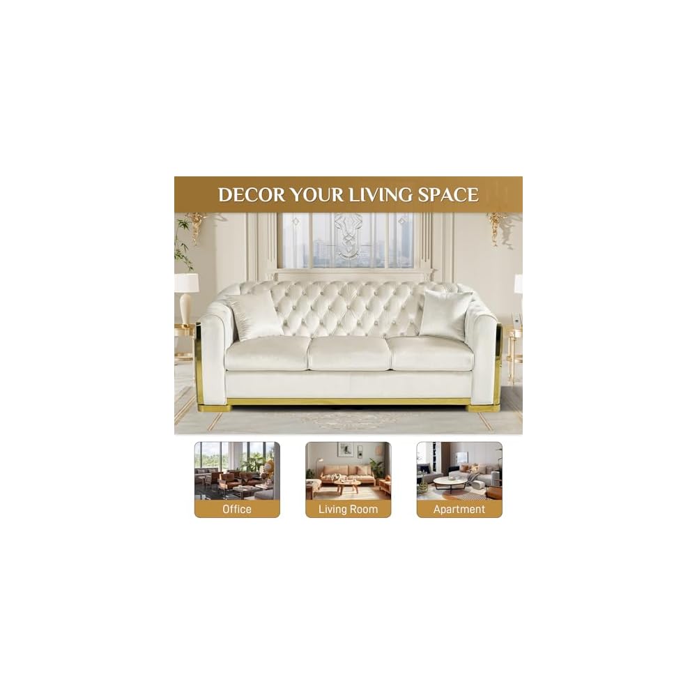 84" Velvet Chesterfield Sofa Luxury Victorian White and Gold Couch, Beige