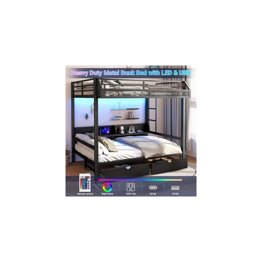 Queen Over Queen Bunk Bed, Heavy-Duty Metal Bunk Bed, Black