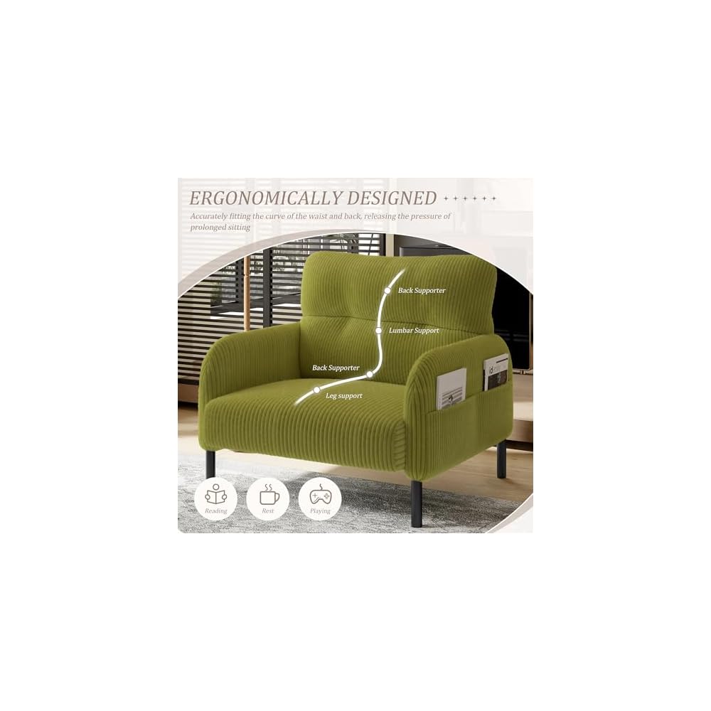 KEIKI 26" Corduroy Single Sofa Chair with Double Side Pockets & High Resilience Cushion, Modern Ergonomic Design Upholstery Oversized 1-Seater Accent Chair, Easy Assembly, for Living Room, Olive Green
