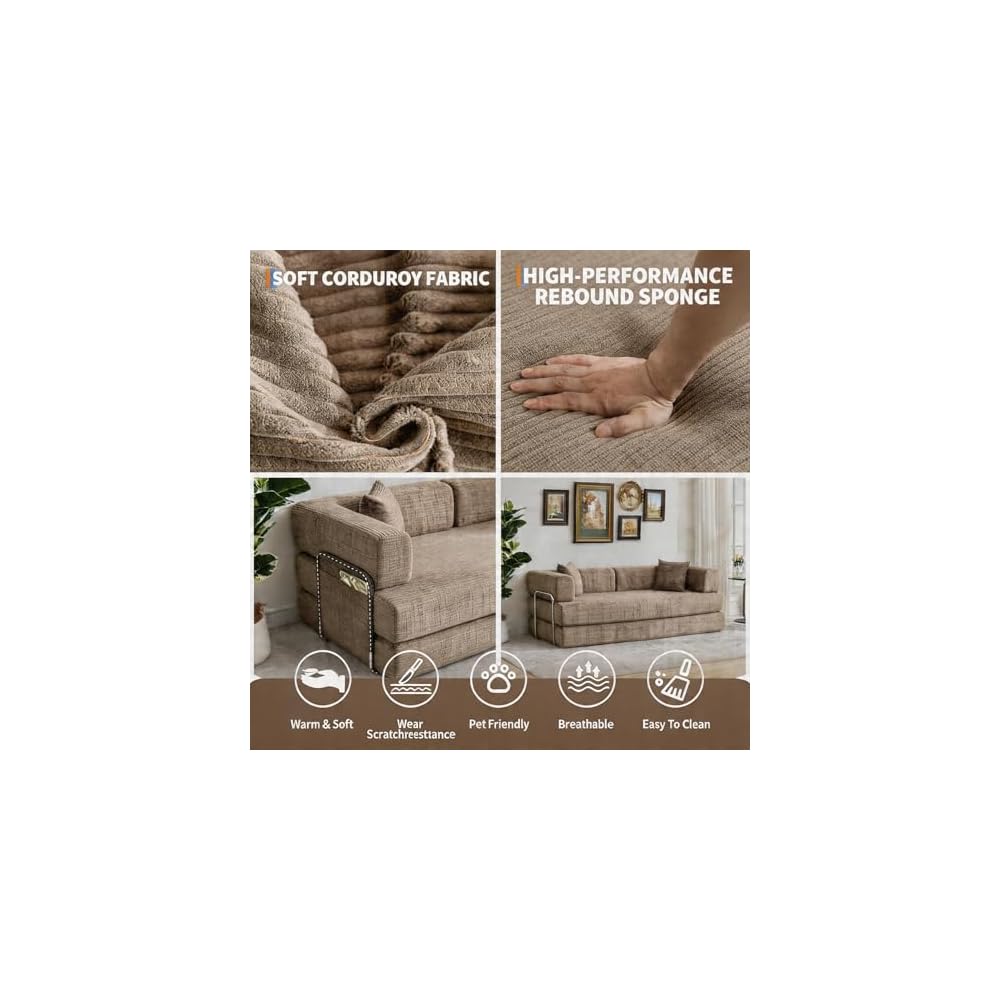Convertible Floor Sofa Couch, 79" Corduroy Low Profile Seating with 4 Pillows & 2 Cup Holders, Deep Seat Boneless Futon Mattress, No Assembly Needed, Modern Lounge for Living Room Apartment, Brown