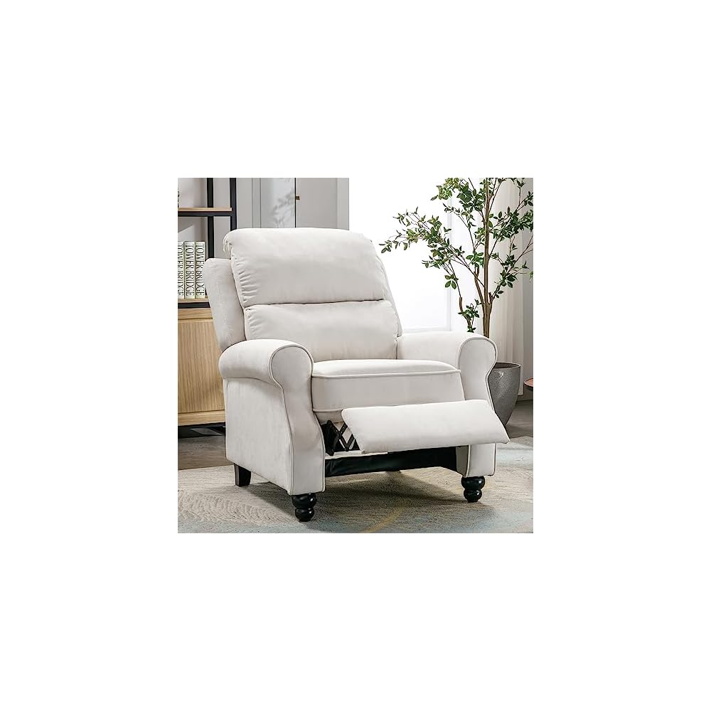 IOMOR Push Back Recliner Chair, Fabric Armchair Overstuffed Pushback Recliner, Heavy Duty Single Sofa Chair with Padded Seat Solid Wood Legs for Living Room (White)